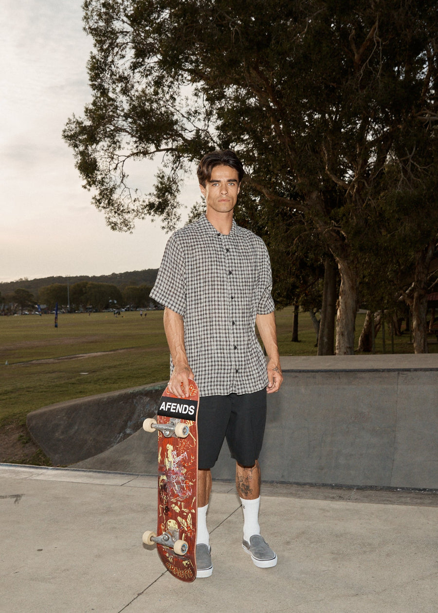 AFENDS Mens Asta - Seersucker Regular Shirt - Steel Check