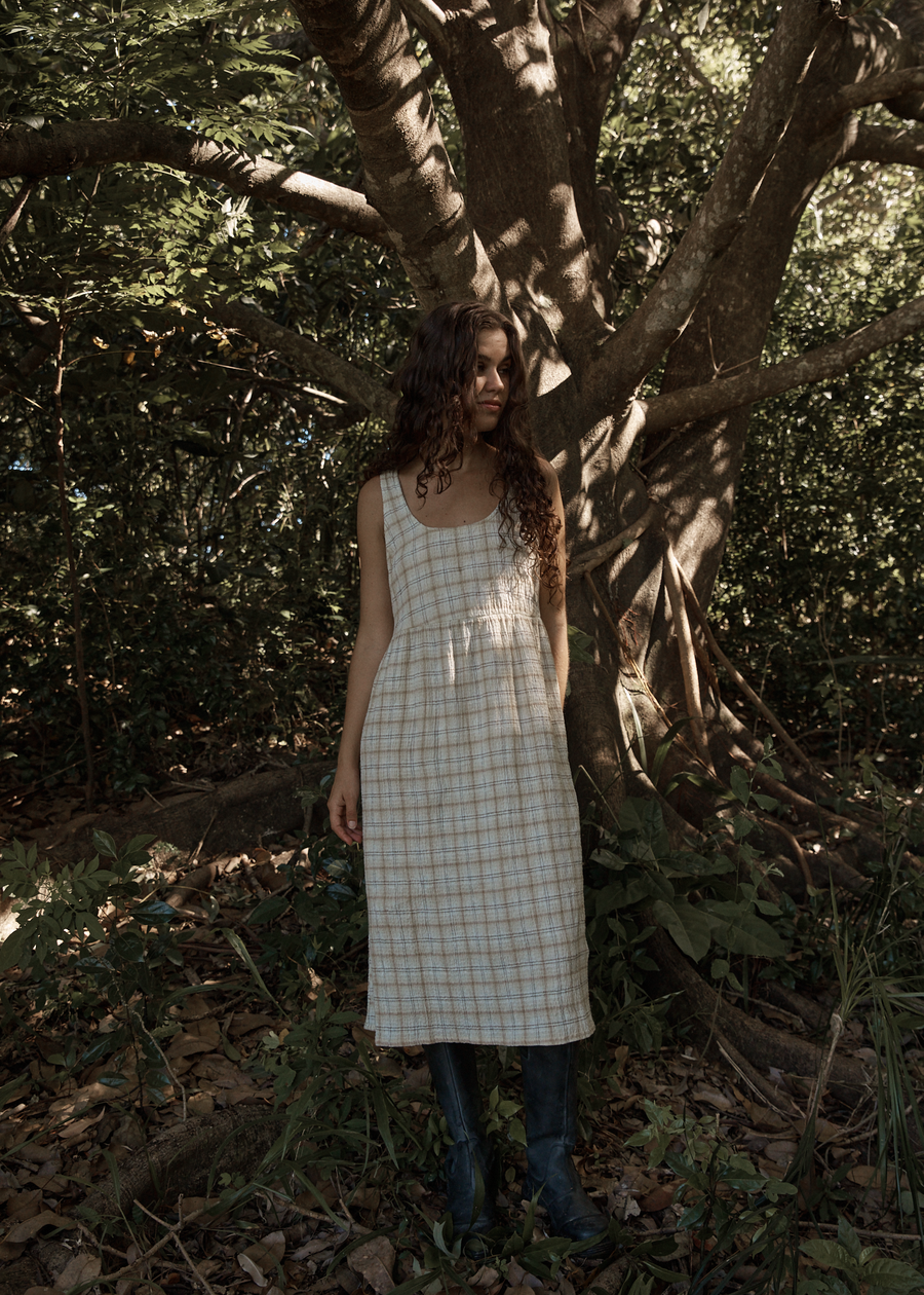 AFENDS Womens Position - Seersucker Midi Dress - Tan Check