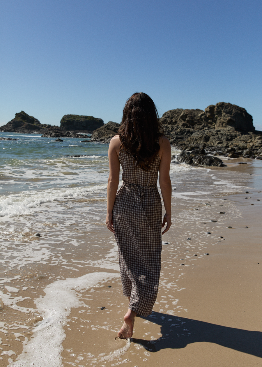 AFENDS Womens Base - Seersucker Maxi Dress - Coffee Check