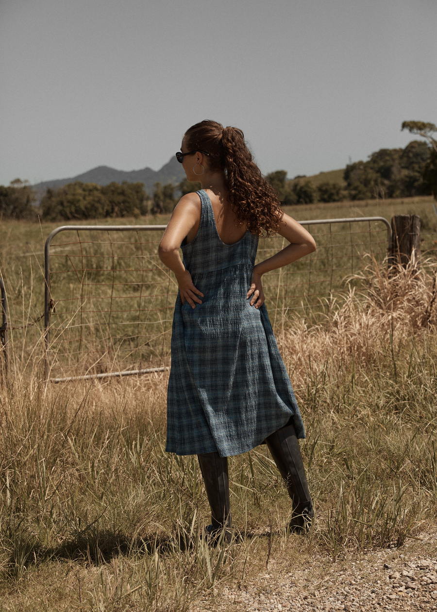 AFENDS Womens Position - Seersucker Midi Dress - Navy Check