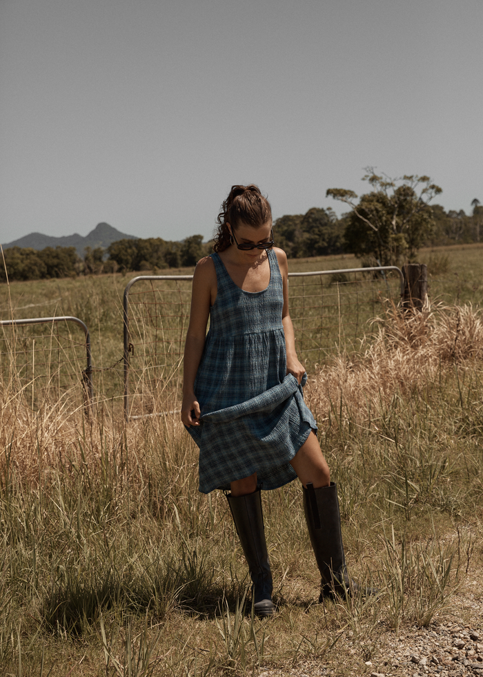 AFENDS Womens Position - Seersucker Midi Dress - Navy Check