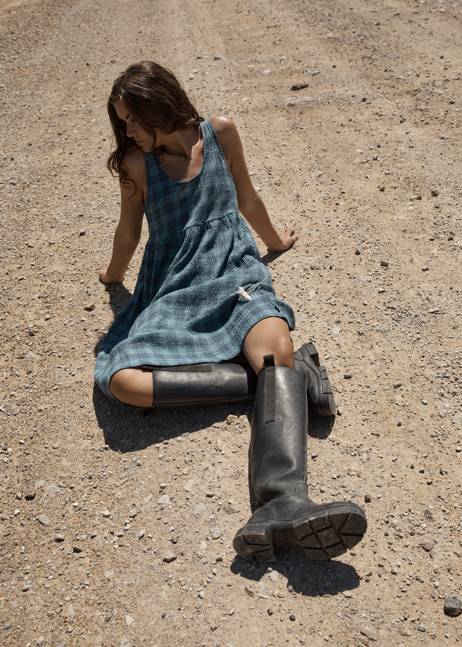 AFENDS Womens Position - Seersucker Midi Dress - Navy Check