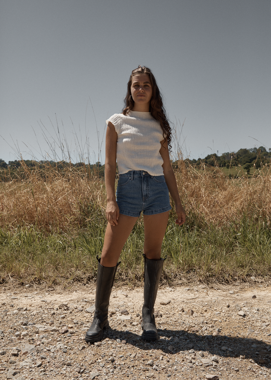 AFENDS Womens Focus - Seersucker Mock Neck Top - Off White