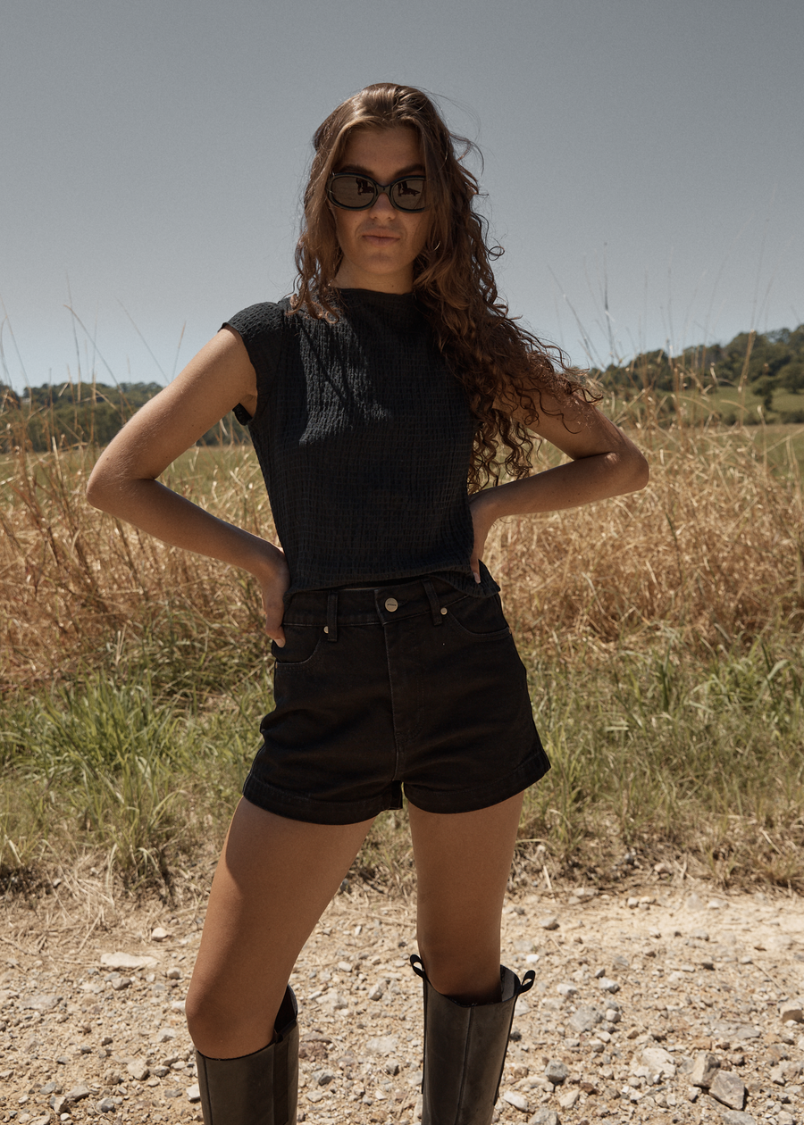 AFENDS Womens Focus - Seersucker Mock Neck Top - Black