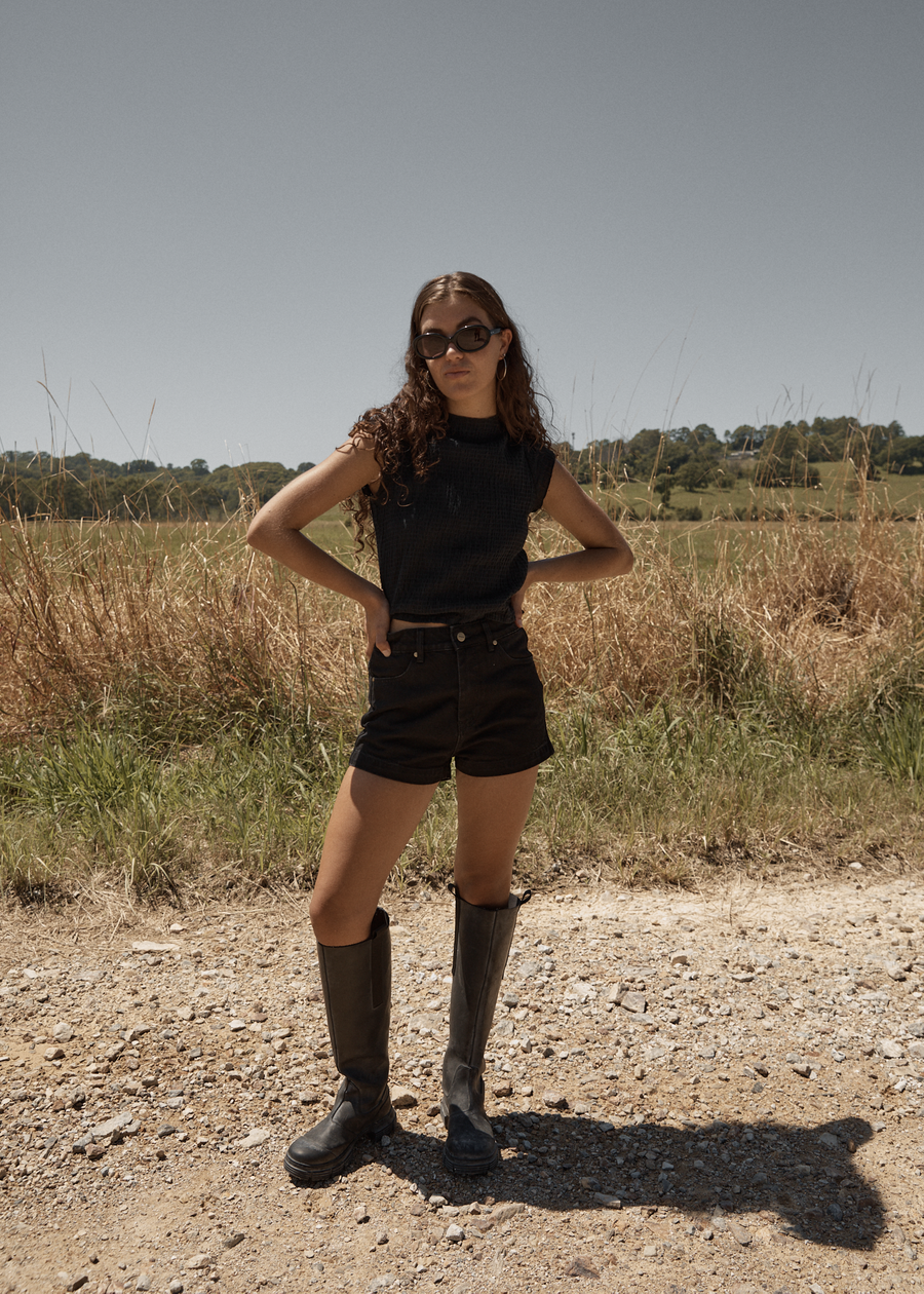 AFENDS Womens Focus - Seersucker Mock Neck Top - Black