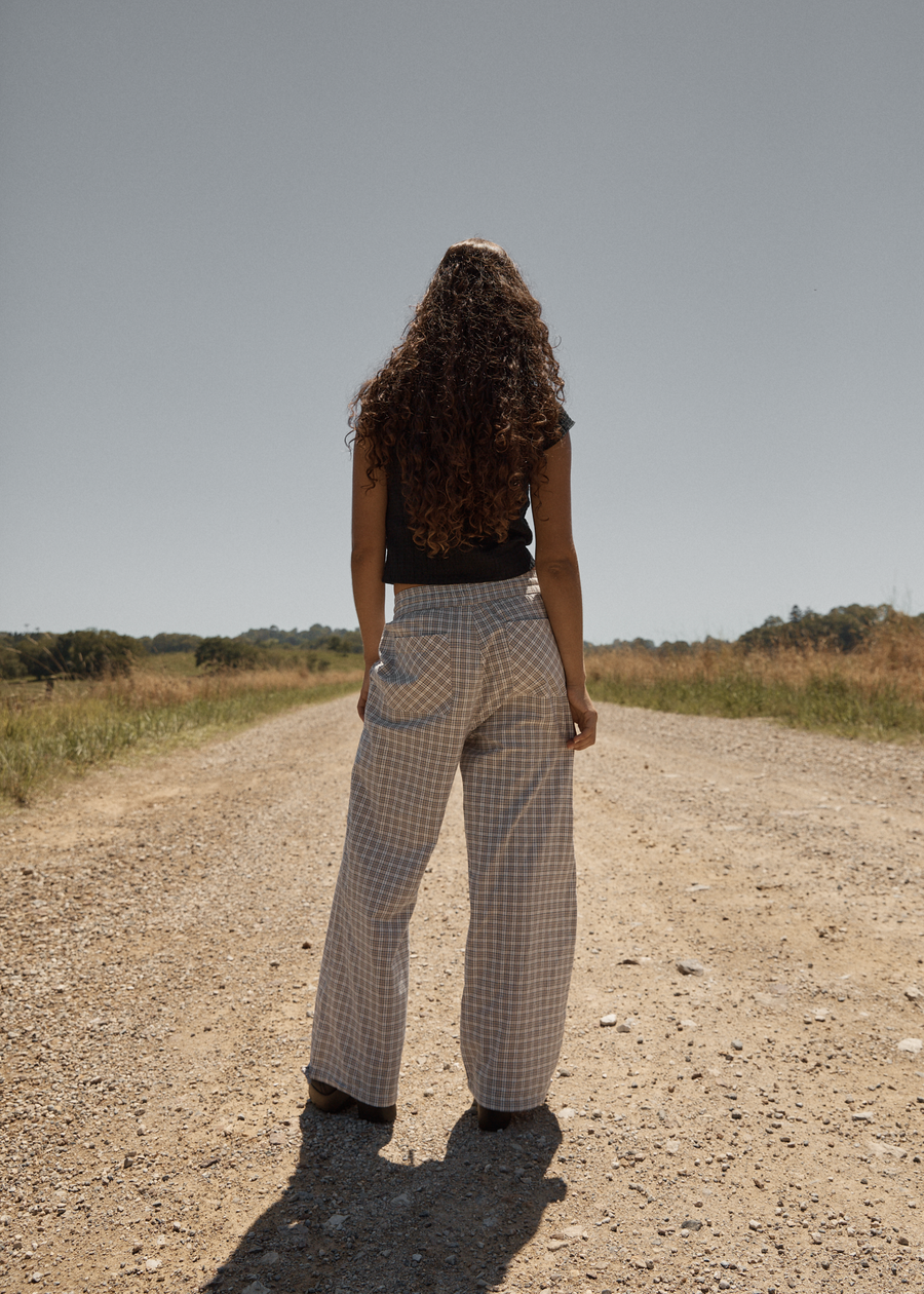 AFENDS Womens Drew - Seersucker Wide Leg Pant - Taupe Check