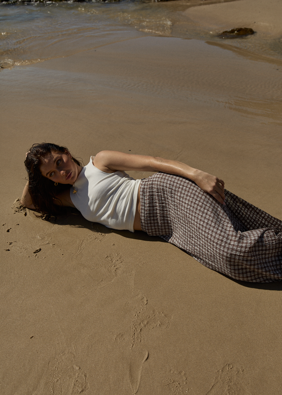 AFENDS Womens Base - Seersucker Maxi Skirt - Coffee Check