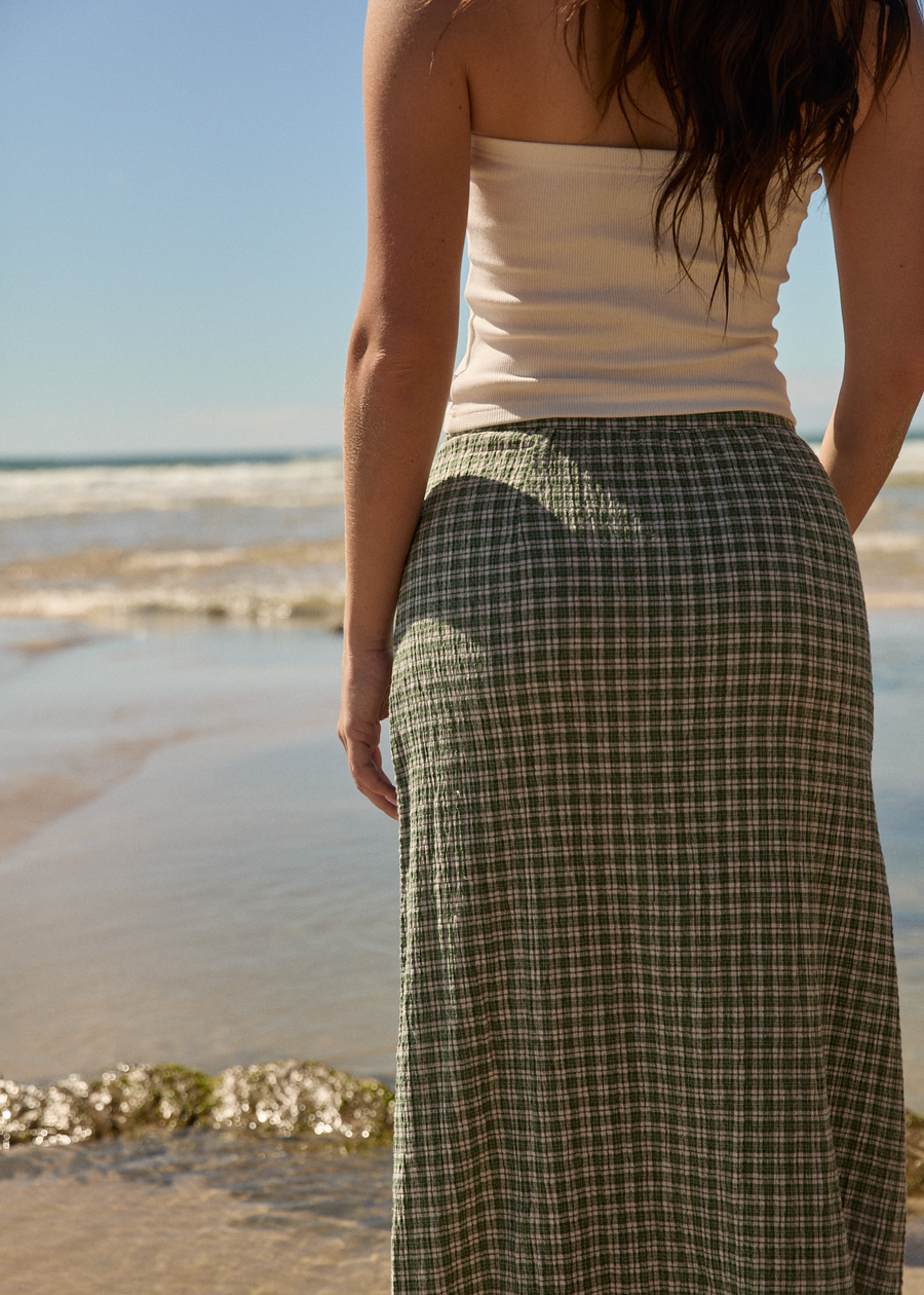 AFENDS Womens Base - Seersucker Maxi Skirt - Deep Green Check