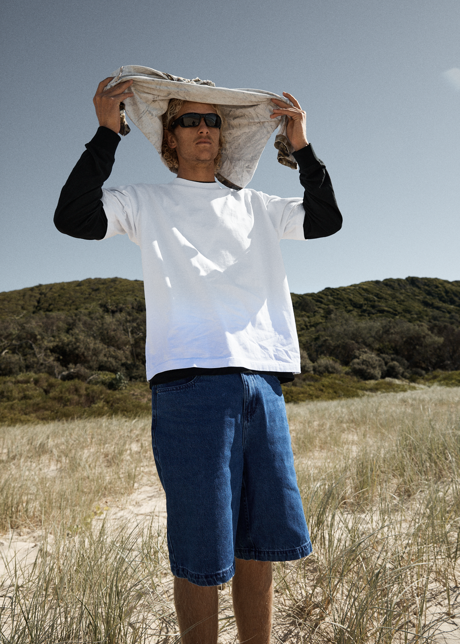 AFENDS Mens Lil C - Denim Baggy Short 22" - Authentic Blue