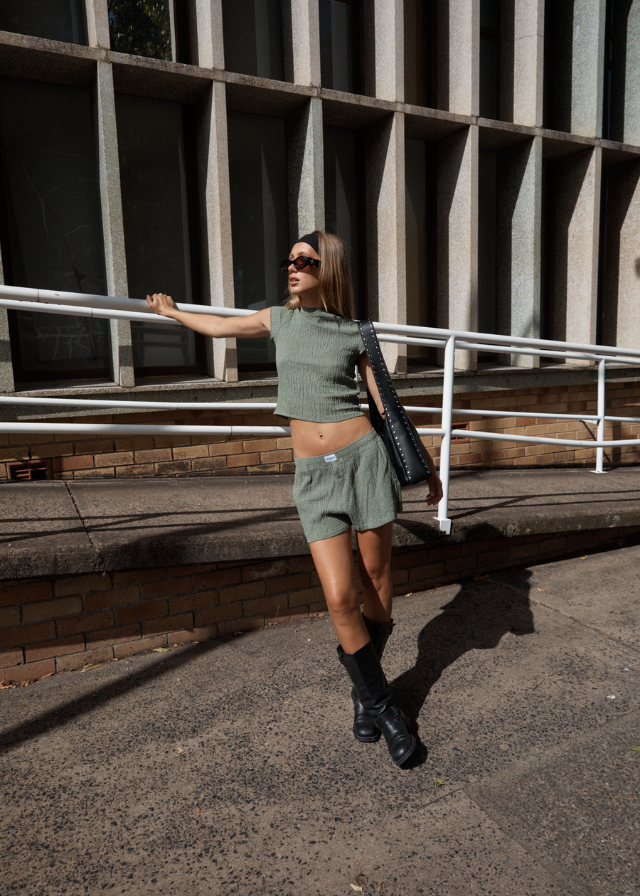 AFENDS Womens Focus - Seersucker Boxer Short - Oil Green