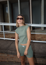 AFENDS Womens Focus - Seersucker Mock Neck Top - Oil Green - Afends womens focus   seersucker mock neck top   oil green