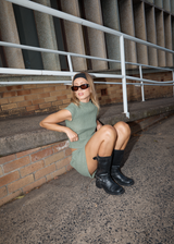 AFENDS Womens Focus - Seersucker Mock Neck Top - Oil Green - Afends womens focus   seersucker mock neck top   oil green