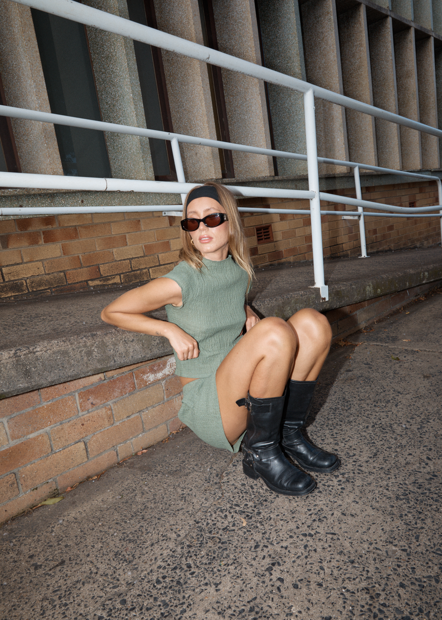 AFENDS Womens Focus - Seersucker Mock Neck Top - Oil Green