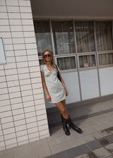 AFENDS Womens Leo - Seersucker Mini Dress - Green / White - Afends womens leo   seersucker mini dress   green / white