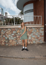 AFENDS Womens Focus Jesse - Seersucker Mini Dress - Oil Green - Afends womens focus jesse   seersucker mini dress   oil green