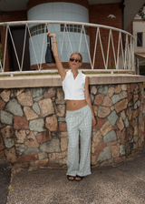 AFENDS Womens Leo - Seersucker Wide Leg Pant - Green / White - Afends womens leo   seersucker wide leg pant   green / white