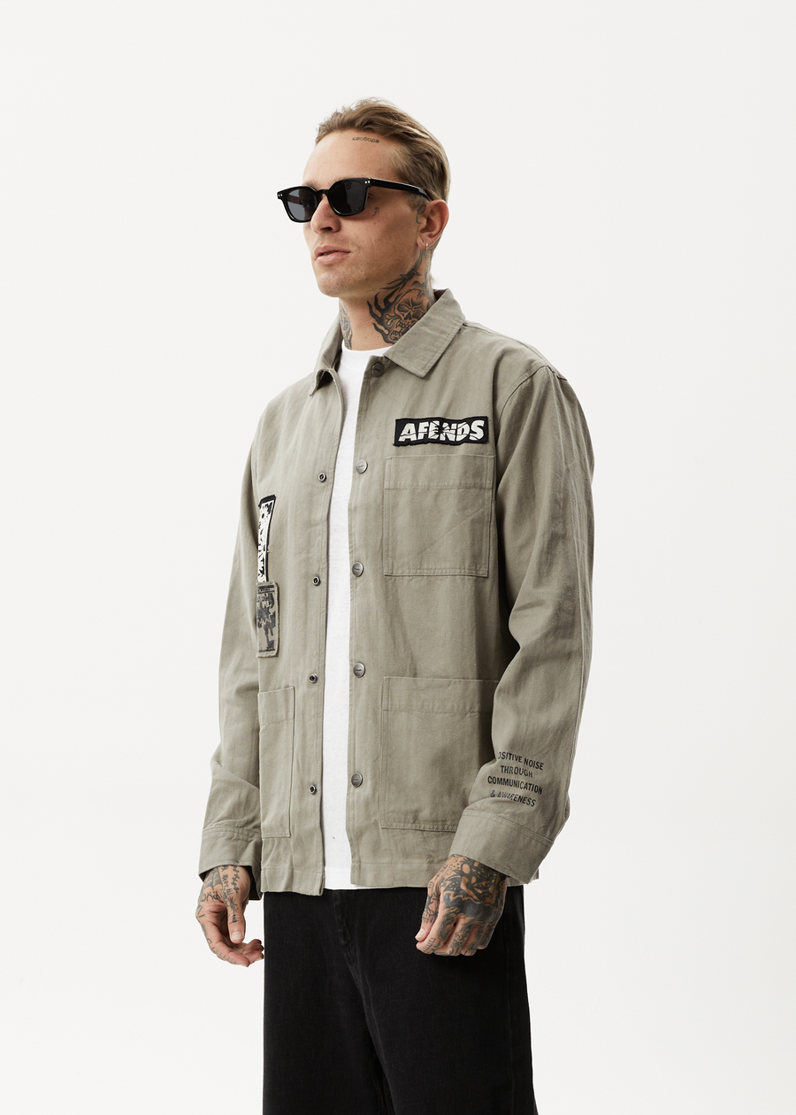 AFENDS Mens Late Start - Herringbone Work Jacket - Olive