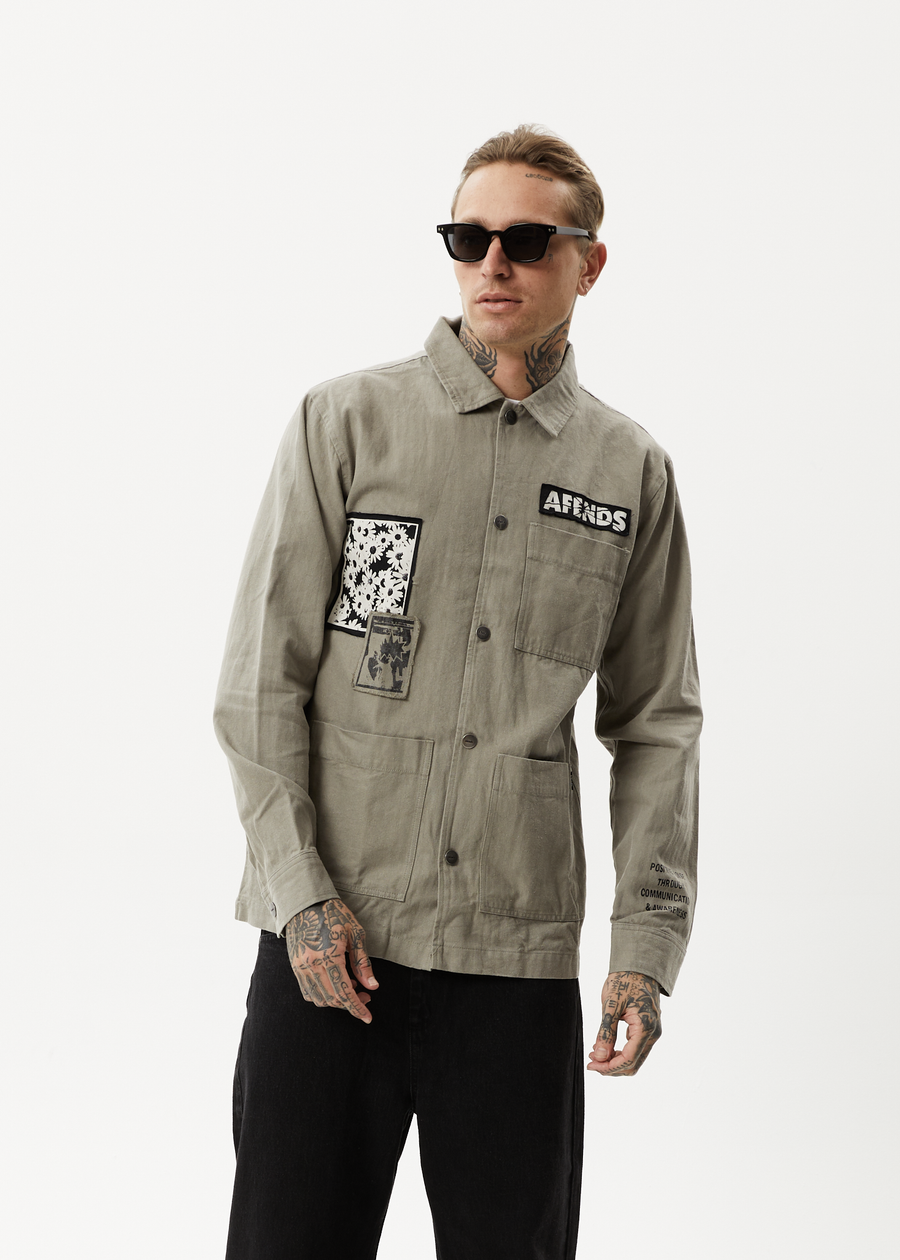 AFENDS Mens Late Start - Herringbone Work Jacket - Olive