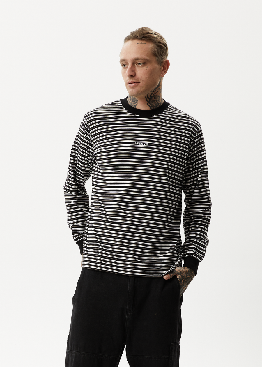 AFENDS Mens Ender - Striped Long Sleeve Tee - White