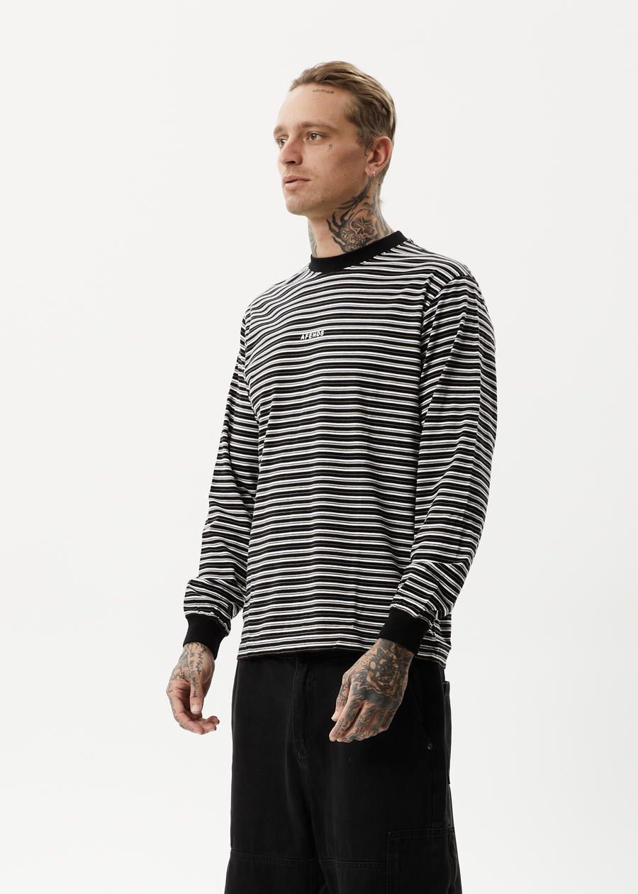 AFENDS Mens Ender - Striped Long Sleeve Tee - White