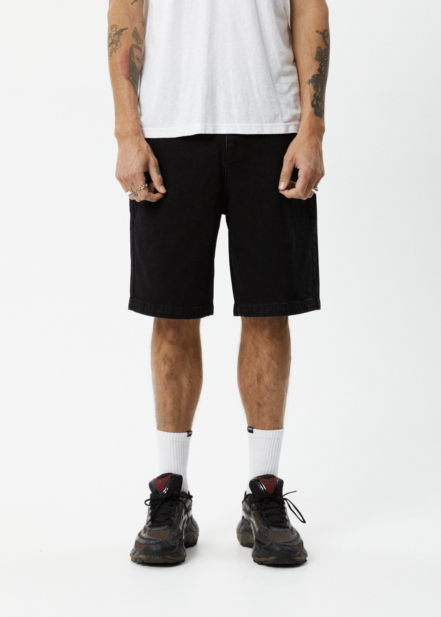 AFENDS Mens Lil C - Denim Baggy Short 22" - Washed Black