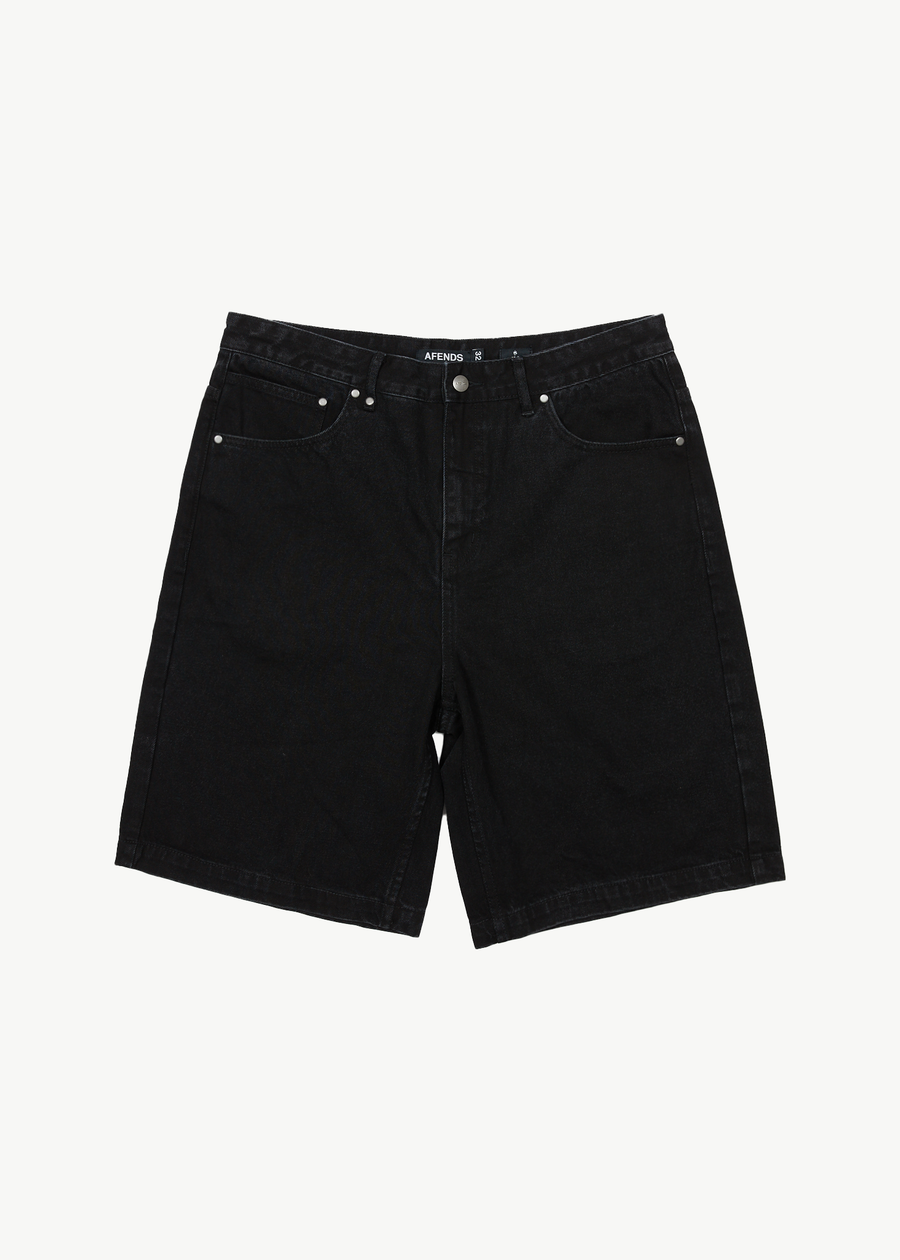 AFENDS Mens Lil C - Denim Baggy Short 22" - Washed Black