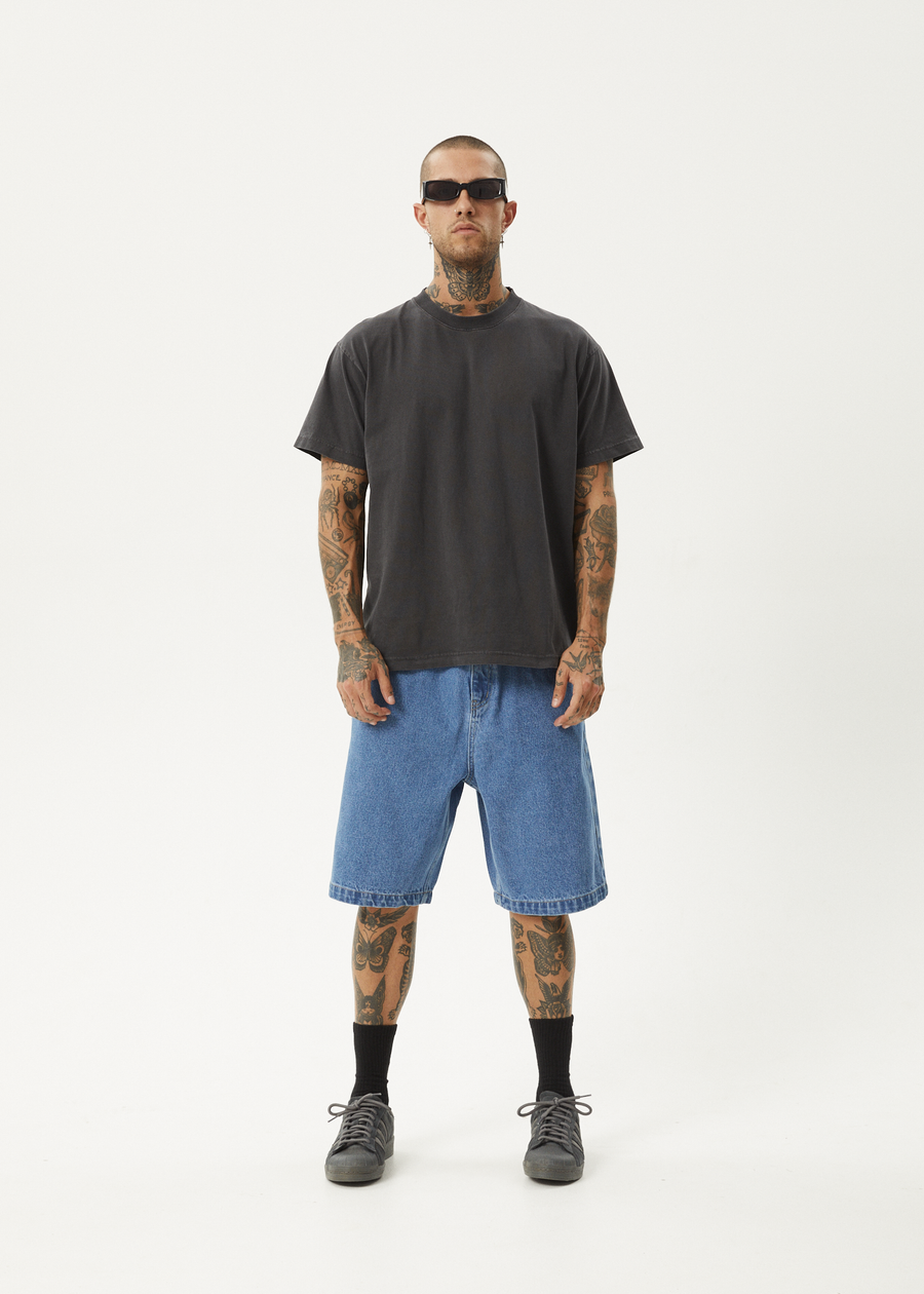 AFENDS Mens Lil C - Denim Baggy Short 22" - Worn Blue