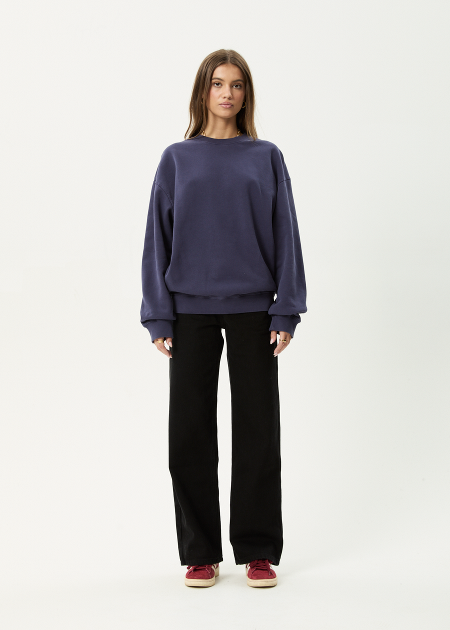 AFENDS Mens Genesis - Crew Neck Jumper - Washed Deep Sea