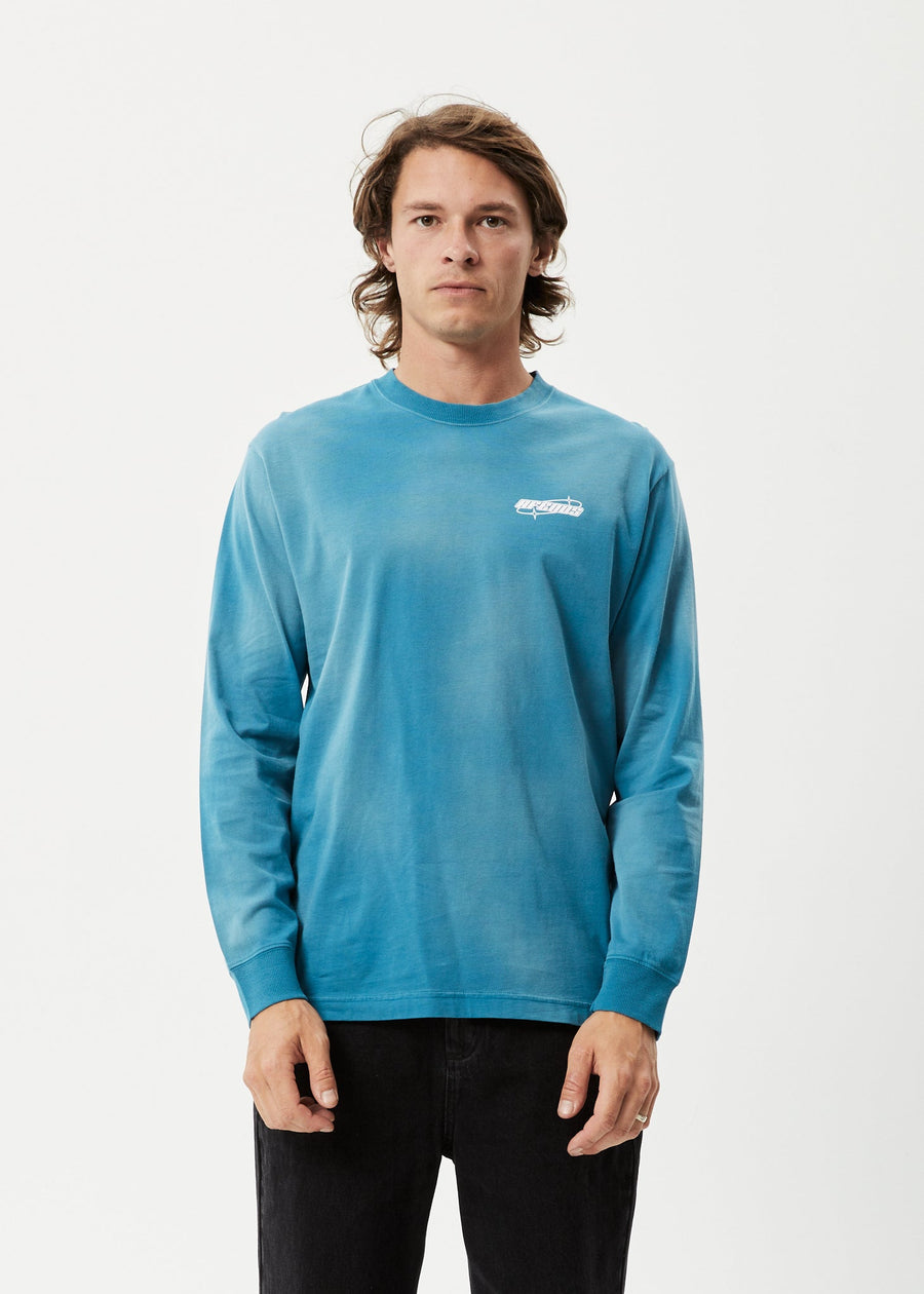 AFENDS Mens Eternal - Long Sleeve Graphic Logo Tee - Worn Azure