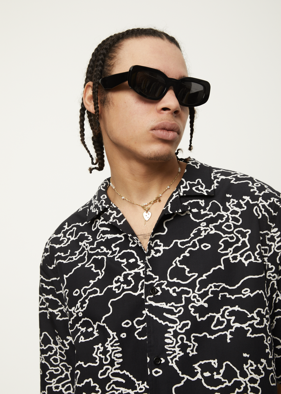 AFENDS Mens Script - Cuban Short Sleeve Shirt - Black Camo 