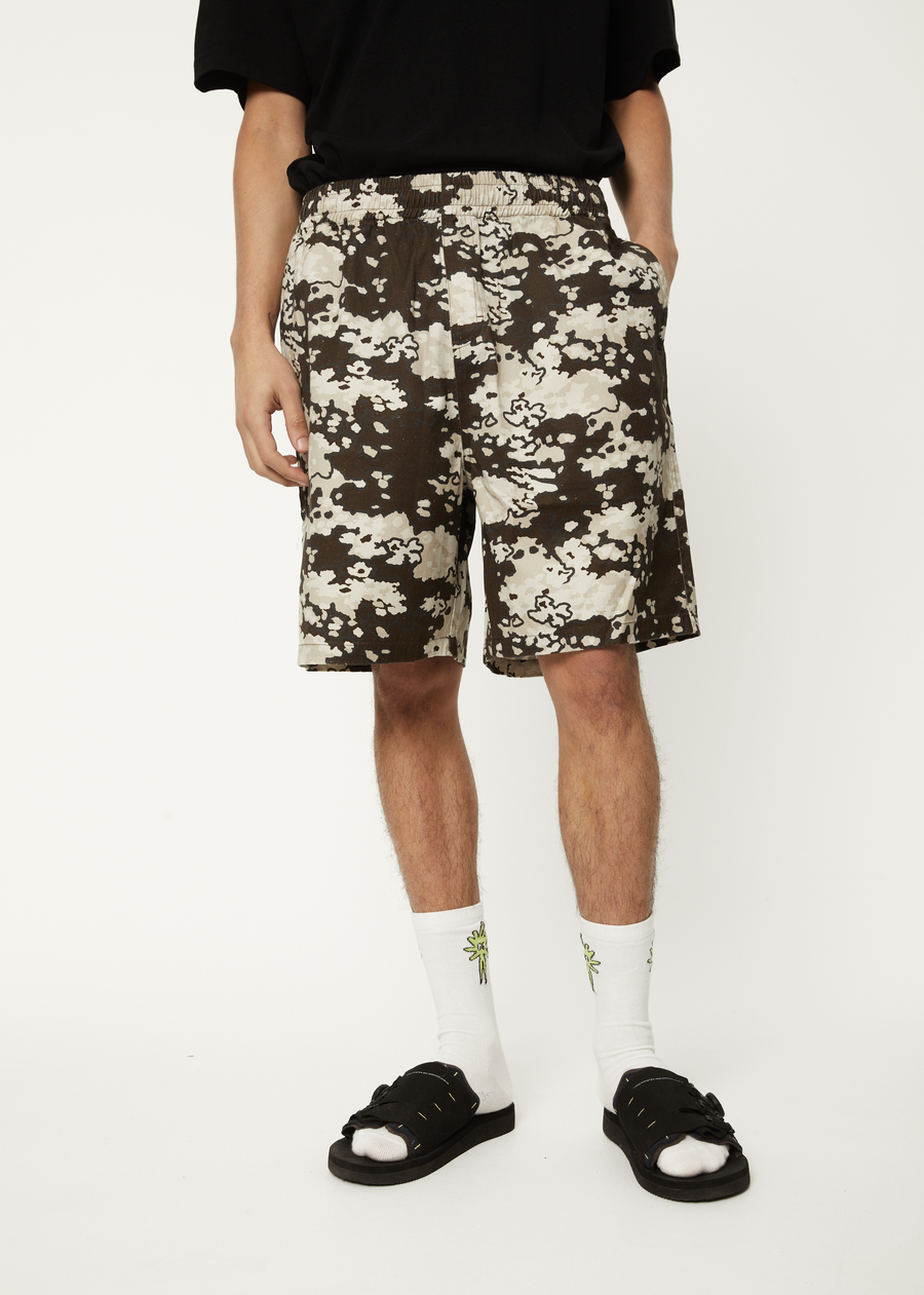 AFENDS Mens Ninety Eights - Baggy Elastic Waist Short - Earth Camo