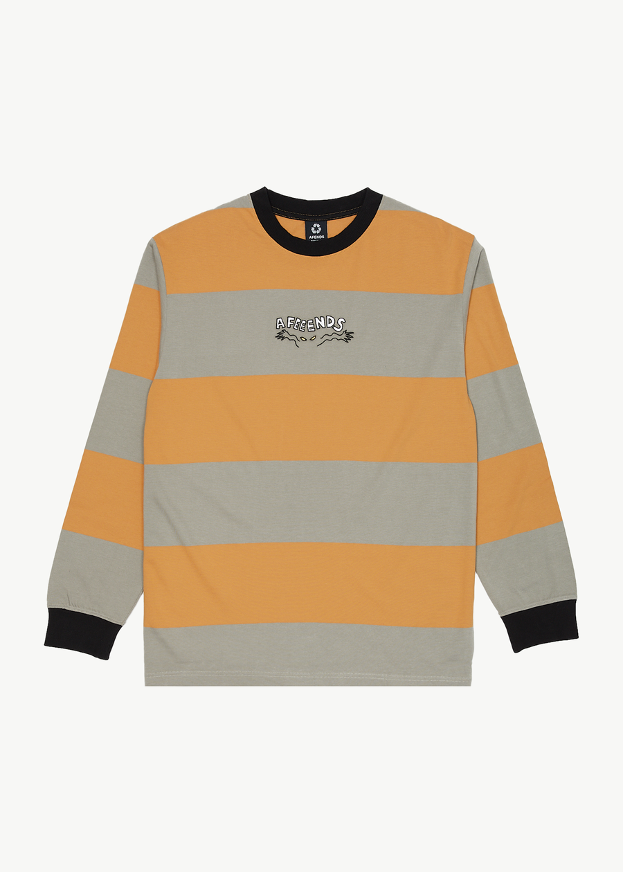 AFENDS Mens Space - Striped Long Sleeve Logo Tee - Mustard Stripe