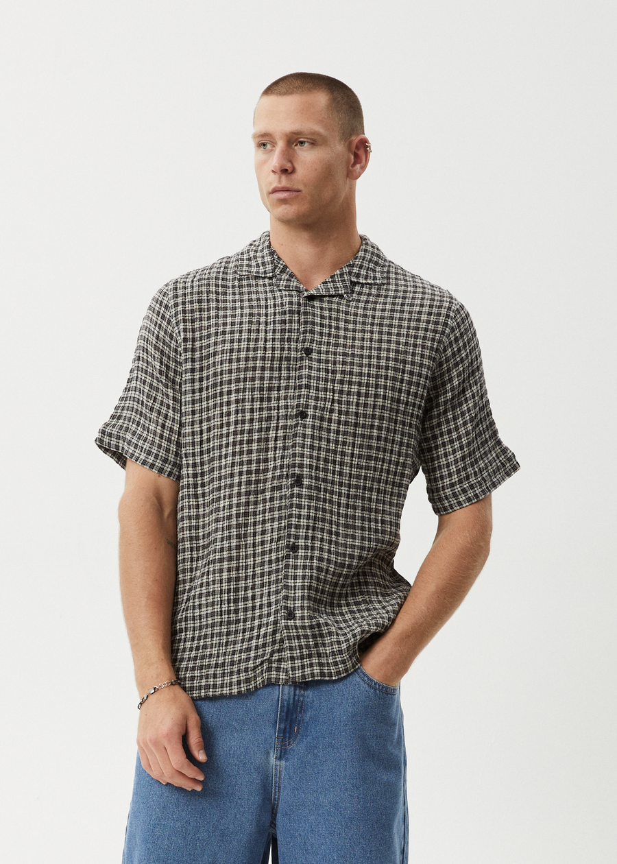AFENDS Mens Asta - Seersucker Regular Shirt - Steel Check