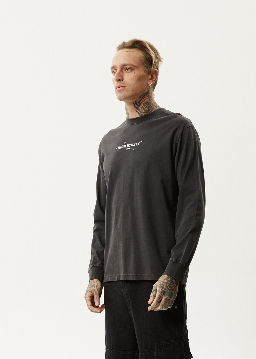 AFENDS Mens High Utility - Long Sleeve Tee - Stone Black