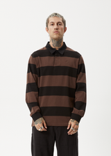 AFENDS Mens Nation - Polo Long Sleeve Tee - Coffee Stripe - Afends mens nation   polo long sleeve tee   coffee stripe