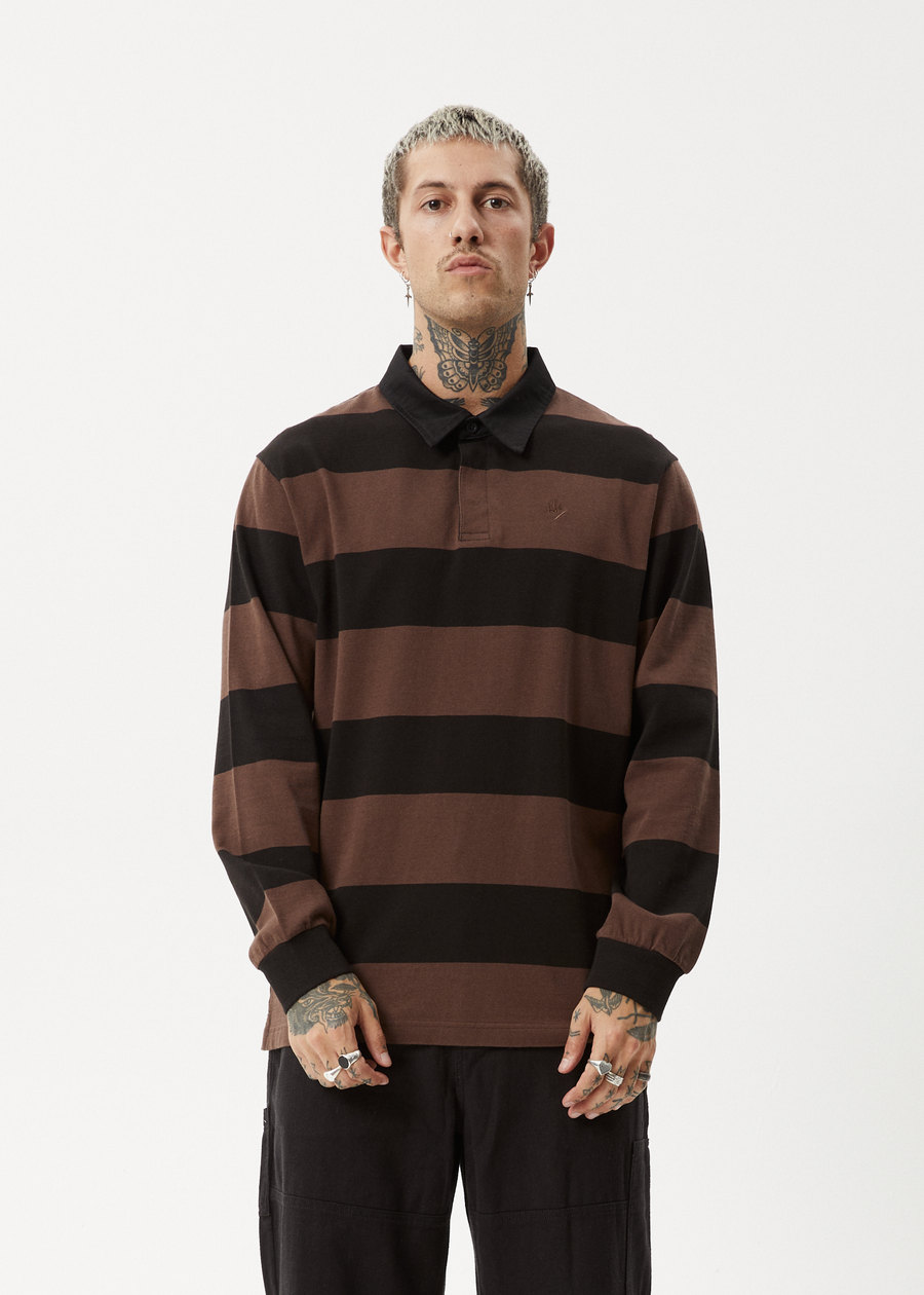 AFENDS Mens Nation - Polo Long Sleeve Tee - Coffee Stripe