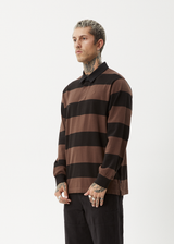 AFENDS Mens Nation - Polo Long Sleeve Tee - Coffee Stripe - Afends mens nation   polo long sleeve tee   coffee stripe