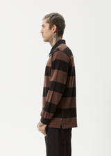 AFENDS Mens Nation - Polo Long Sleeve Tee - Coffee Stripe - Afends mens nation   polo long sleeve tee   coffee stripe
