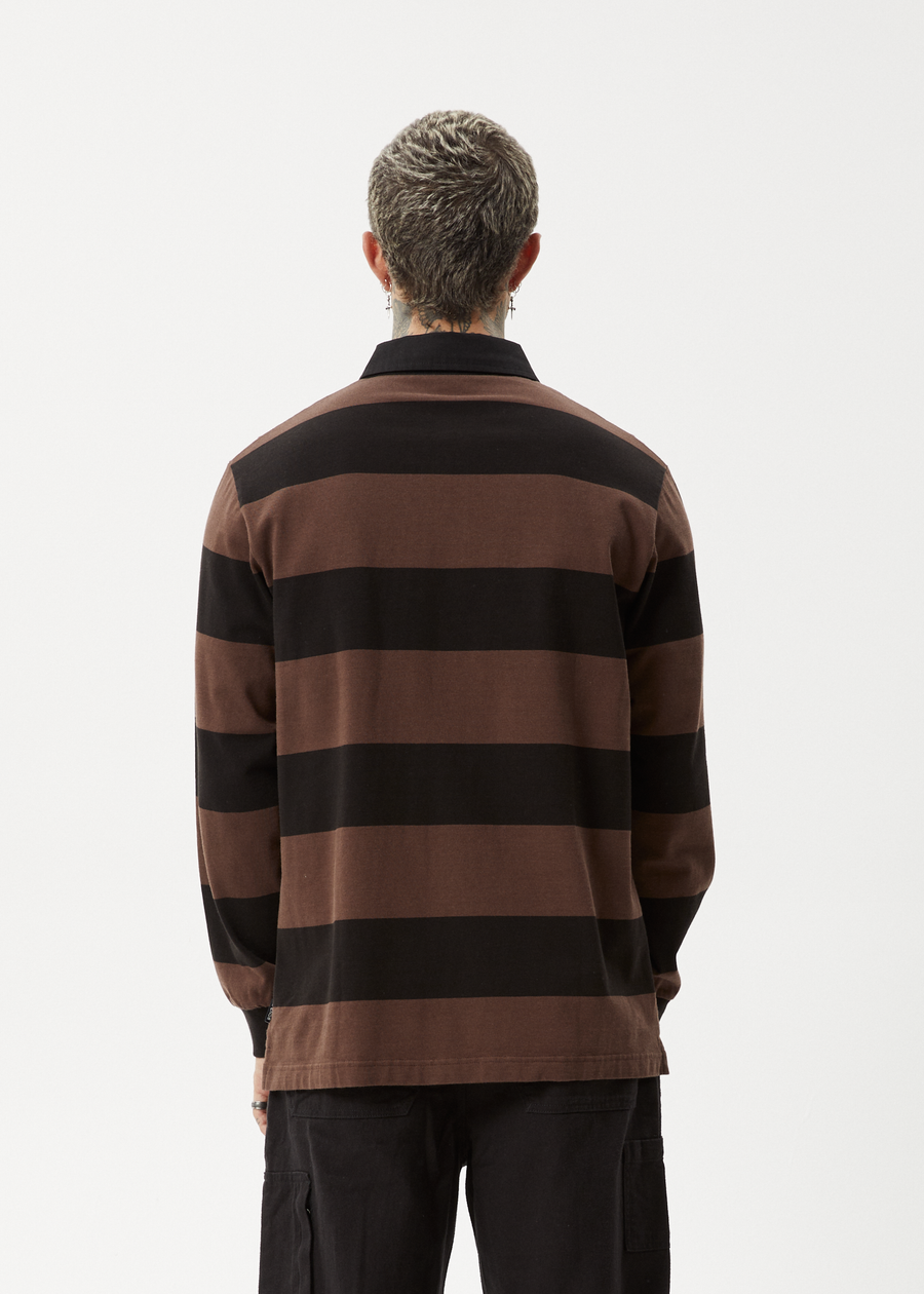 AFENDS Mens Nation - Polo Long Sleeve Tee - Coffee Stripe