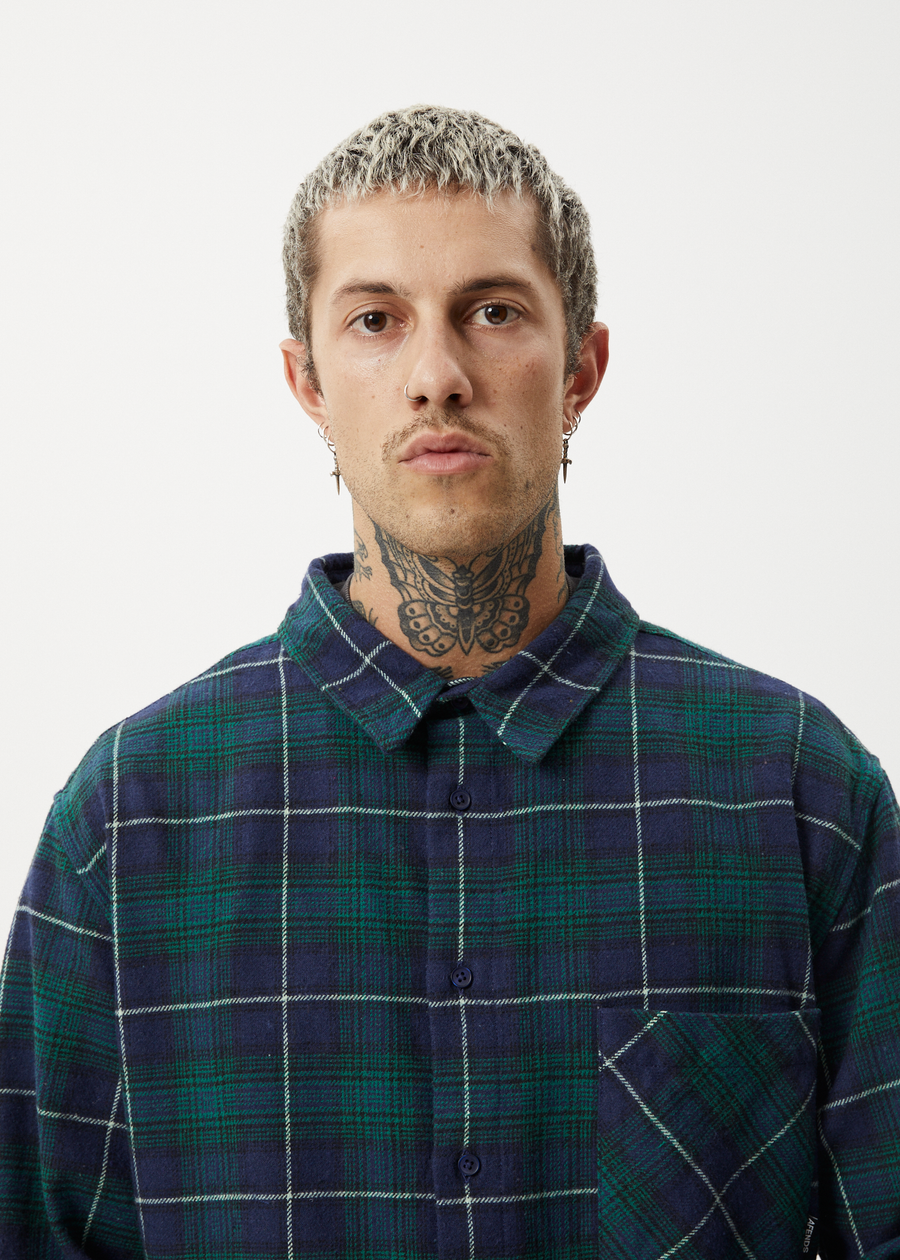 AFENDS Mens Questions - Flannel Shirt - Navy 