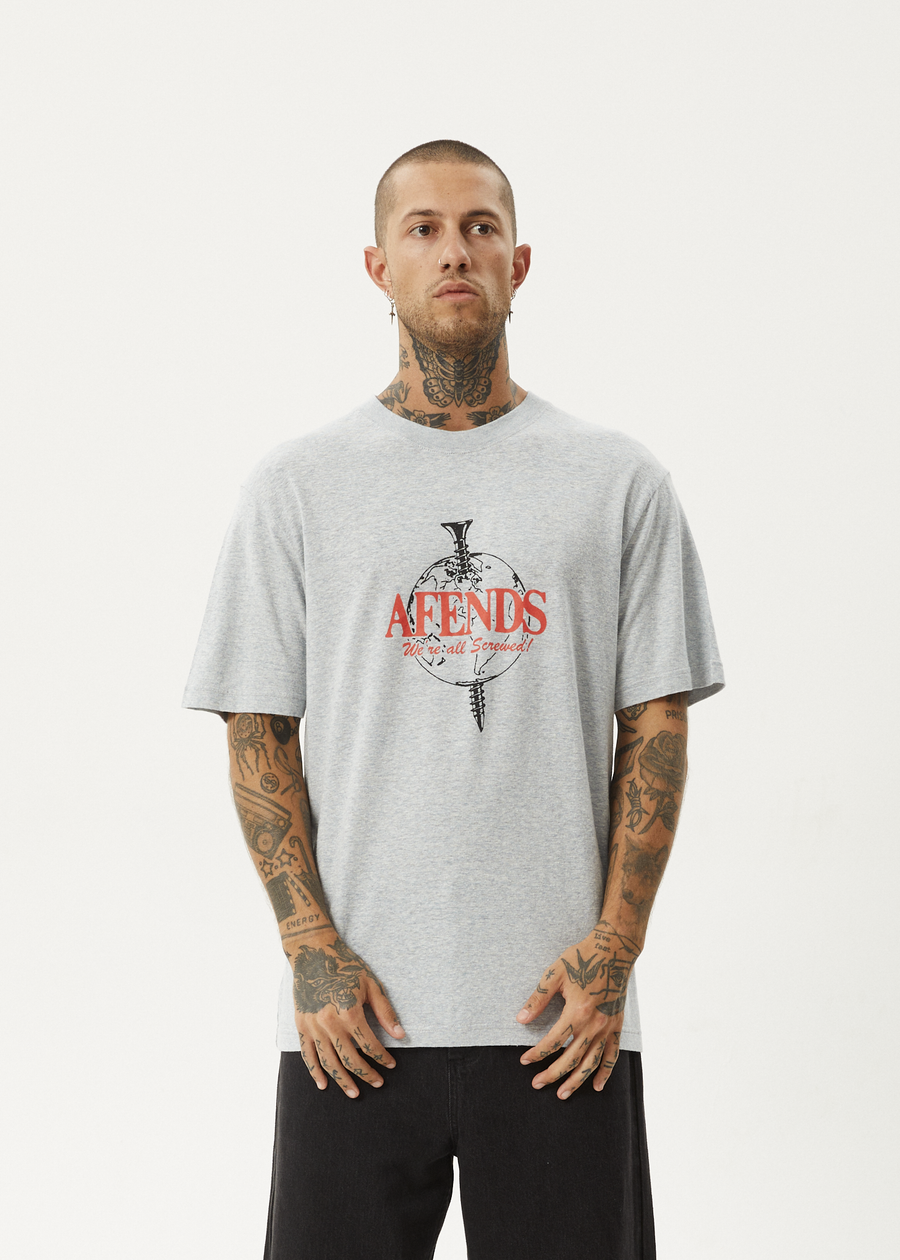 AFENDS Mens Screwed - Retro Tee - Shadow Grey Marle