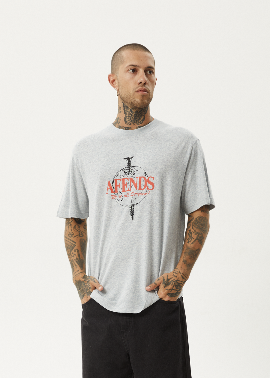 AFENDS Mens Screwed - Retro Tee - Shadow Grey Marle