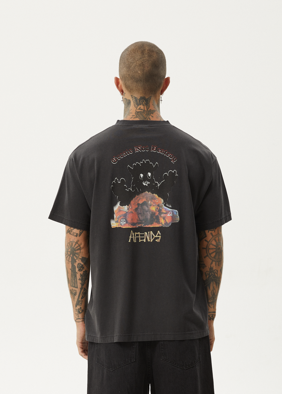 AFENDS Mens Crashed Out - Boxy Tee - Stone Black