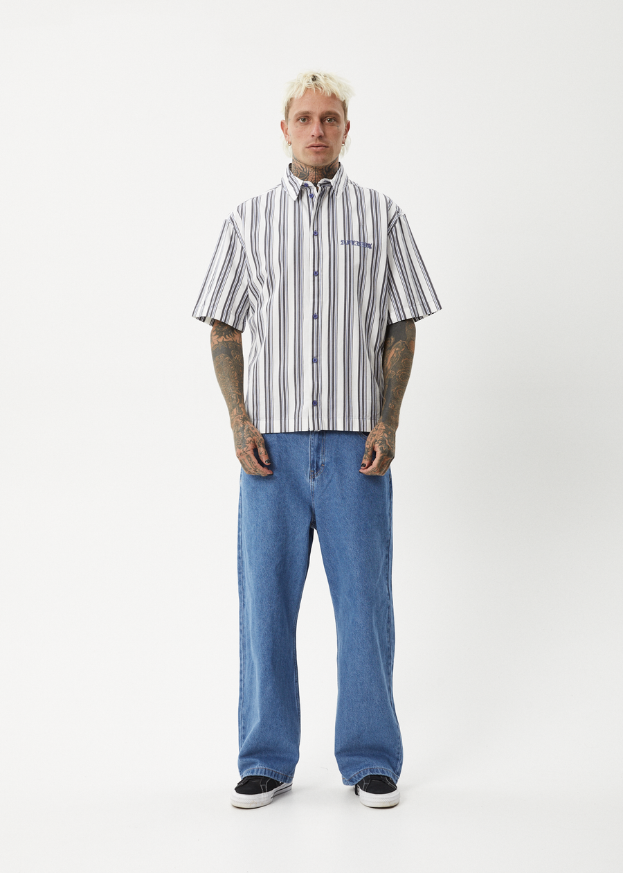AFENDS Mens Lined Up - Short Sleeve Shirt - White Stripe 
