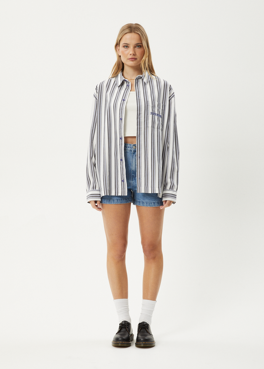 AFENDS Mens Lined Up - Long Sleeve Shirt - White Stripe 