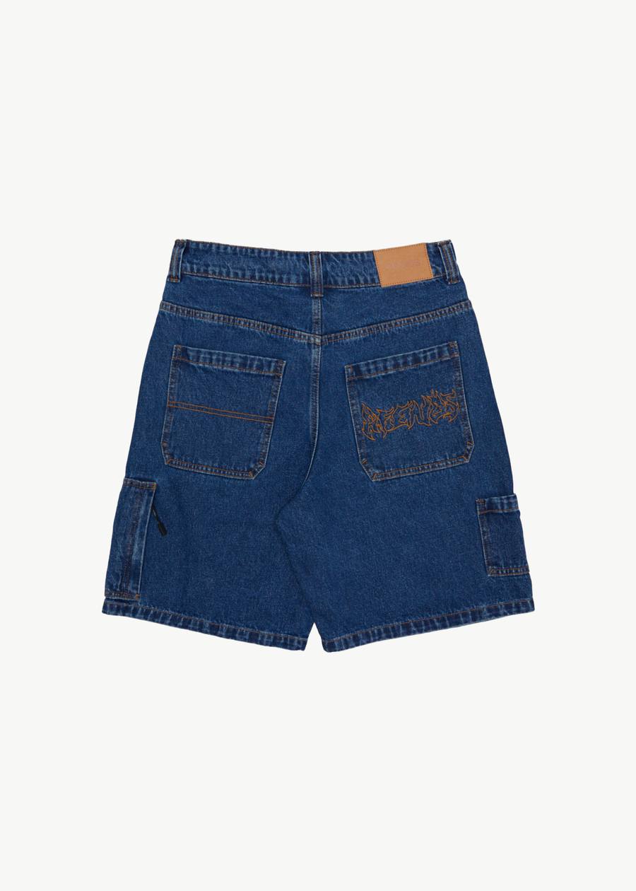 AFENDS Mens Scorched Harper - Denim Baggy Workwear Short 22" - Authentic Blue