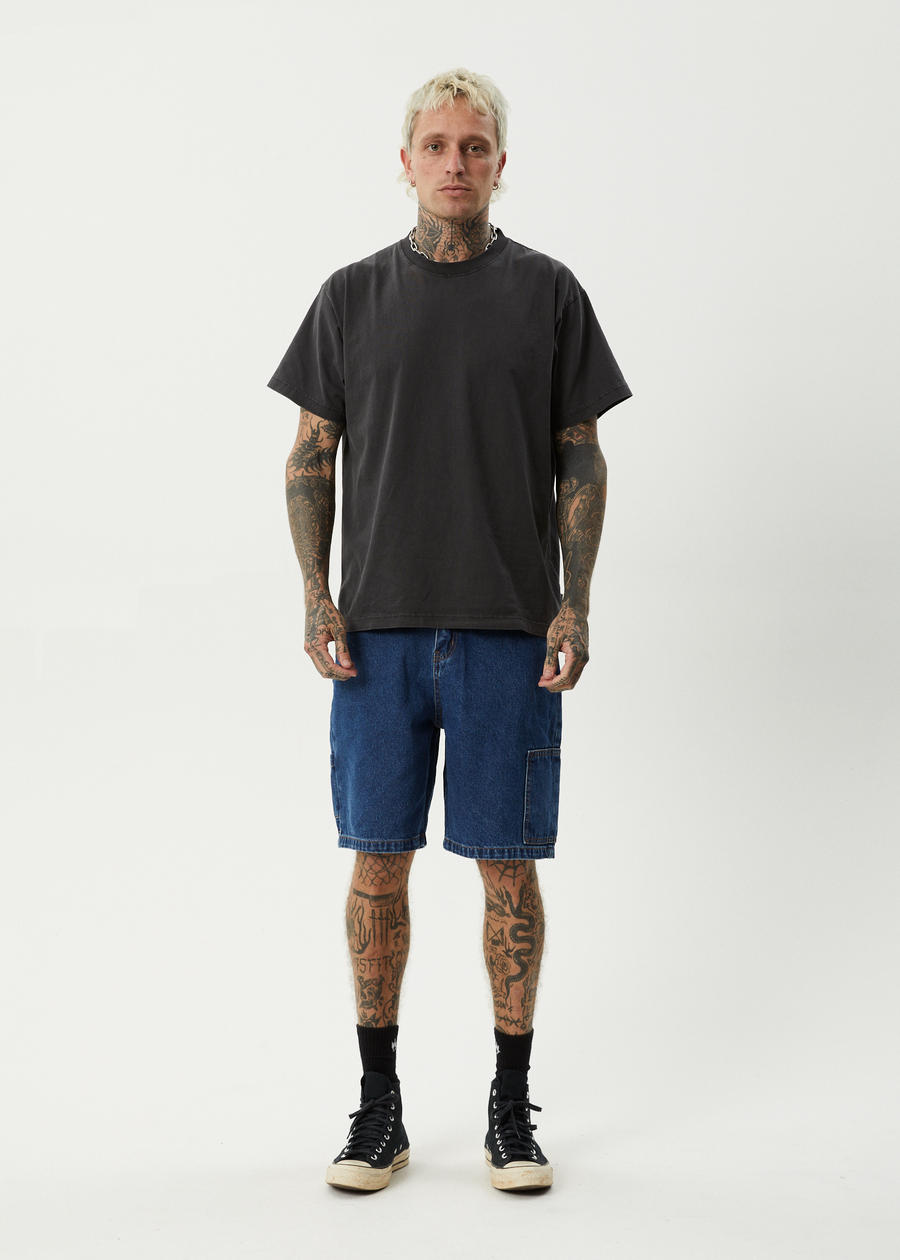 AFENDS Mens Scorched Harper - Denim Baggy Workwear Short 22" - Authentic Blue