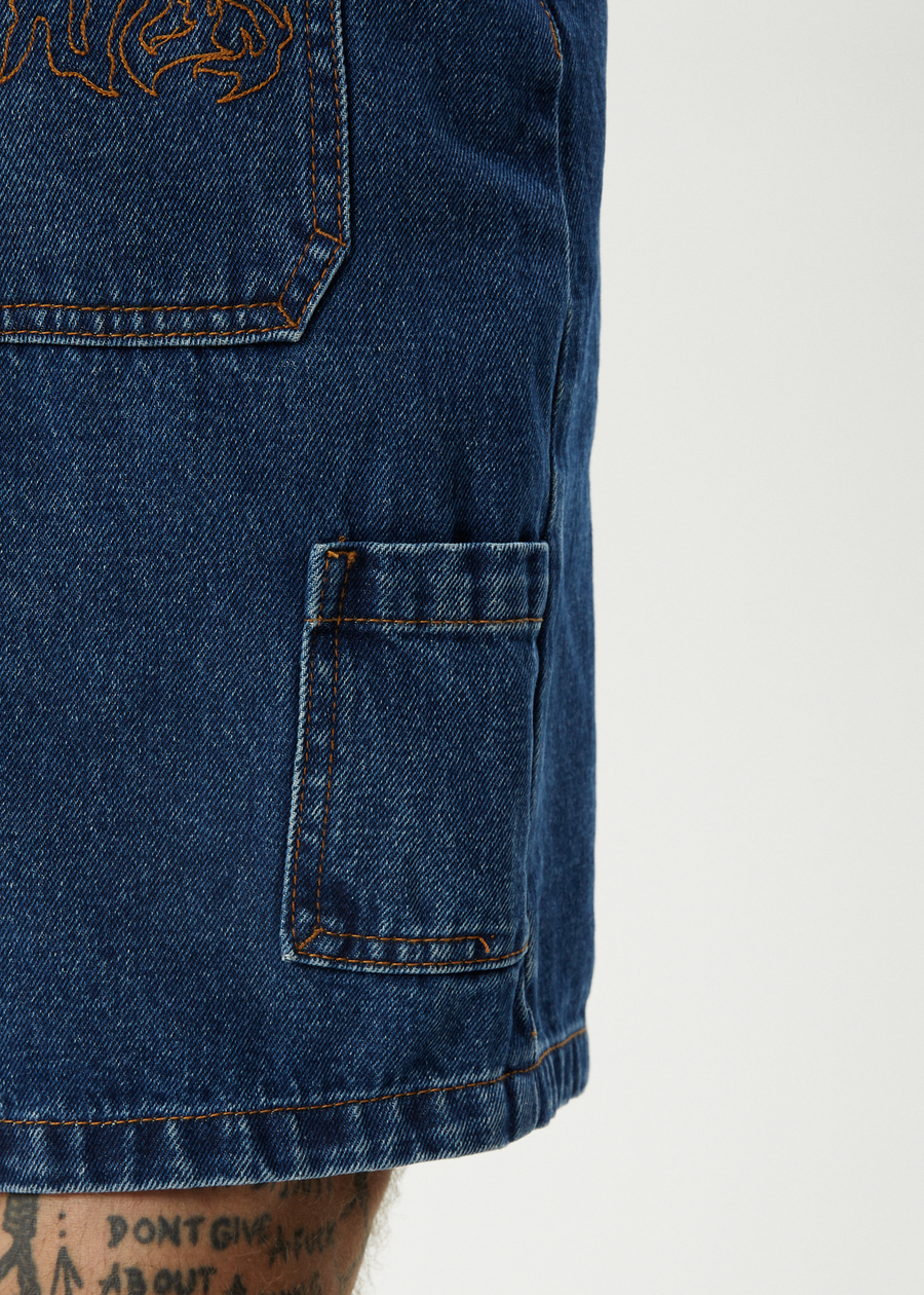 AFENDS Mens Scorched Harper - Denim Baggy Workwear Short 22" - Authentic Blue
