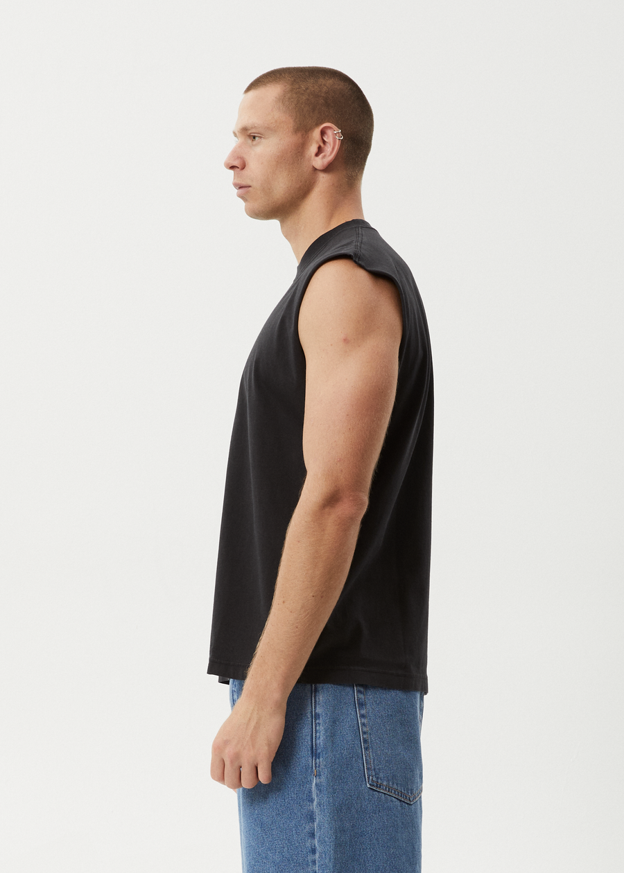 AFENDS Mens Peace Out - Sleeveless Tee - Stone Black
