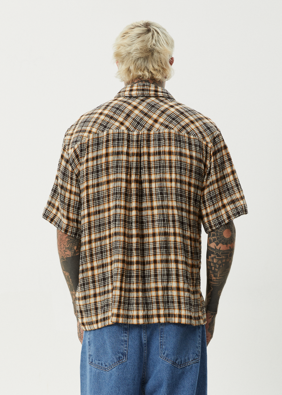 AFENDS Mens Check Out - Seersucker Short Sleeve Shirt - Moonbeam Check